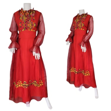 1970's Red Chiffon Embroidered Floral Peasant Maxi Dress I Sz Med I Folk 