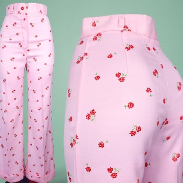 Vintage pink coquette pants spring 1970s novelty red velvet micro-floral extreme high rise wide cuffed legs (27 x 31) 