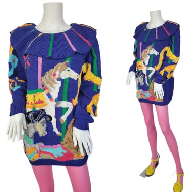 1980's Carousel Horse Carnival Theme Hand Knit Woven Cotton Sweater Tunic I Sz Lrg I Berek by Marta D I Pullover 