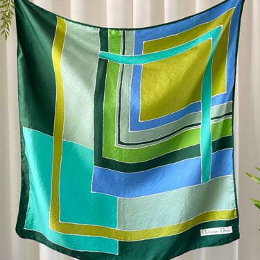90s Dior Blue & Green Print Silk Scarf