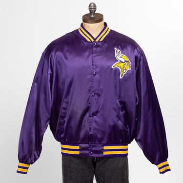 XXL 80s Minnesota Vikings Satin Varsity Jacket | Vintage Purple NFL Football Snap Button Bomber 