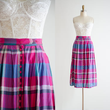 hot pink midi skirt | 80s vintage pink blue white plaid cotton skirt 