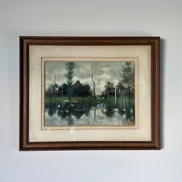 Vintage Countryside Lake Landscape Watercolor Painting, Signed 