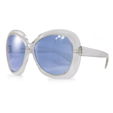 Vintage VTG 1970s 70s Clear Oversized Blue Lens Round Butterfly Shades Sunglasses 