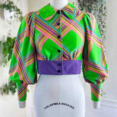 Vintage 1970s Crop Top | 70s Psychedelic Plaid Neon Lime Green Purple Long Bishop Sleeve Cropped Blouse | x-small/small 