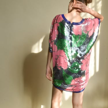 3201d / silk sequin oversized floral motif mini dress 