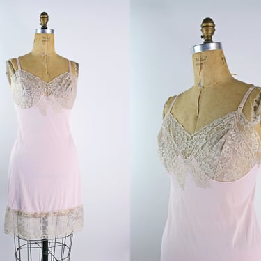 70s Pink and Beige Lace Mini Slip Dress / Wedding Lingerie / Size S/M 