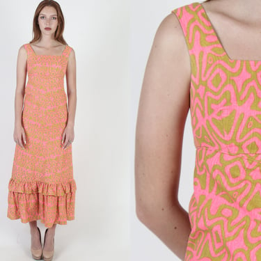 Vintage 70s Liberty House Midi Dress / Hot Pink Geometric Hula Dress / Hawaiian Luau Lounge Party 