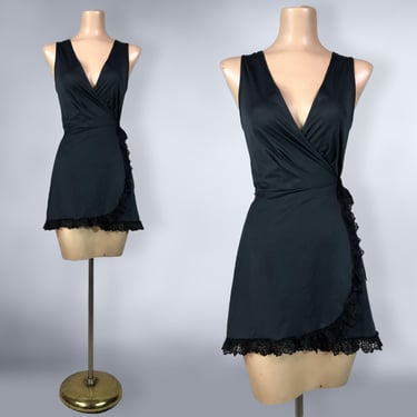 VINTAGE 70s Sexy Black Nylon Short Wrap Nightgown Negligee By Aldenaire Size M | 60s Micro Mini Babydoll Nighty | VFG 