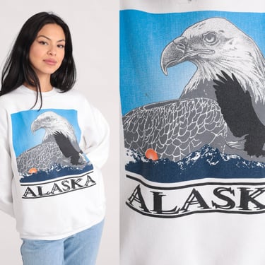 Alaska Eagle Sweatshirt -- 90s Sweatshirt Graphic Sweatshirt White Jerzees Crewneck Vintage Retro Green 1990s Wildlife Shirt Extra Large xl 