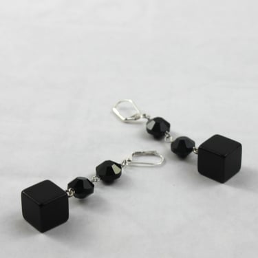 Bakelite Cube Earrings Handmade Jet Black Swarovski OOAK Artisan 