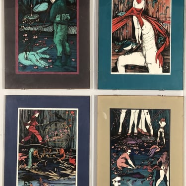 Hand-colored Abstract Block Prints in acrylic Frame by Beato P. Set of 4 