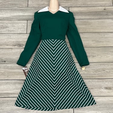 mod green striped dress 1960s dagger collar autumnal chevron stripe skirt small new old stock 