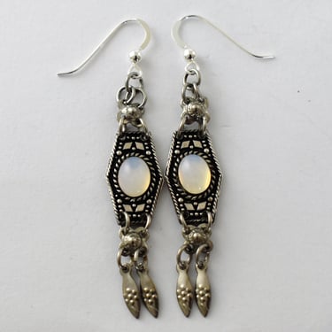 70's moonstone 925 silver moonstone tribal dangles, edgy Israel sterling white cabs mystic hippie earrings 