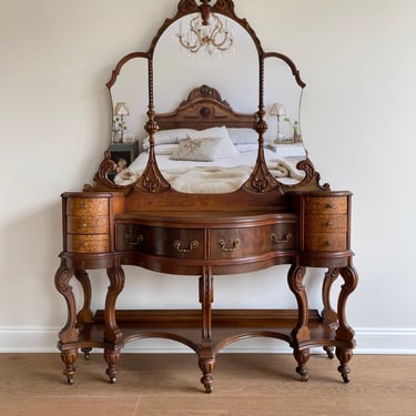 NEW - Rare Vintage Vanity with Beveled Tiara Mirror and Original Bench, Antique Bedroom Furniture 