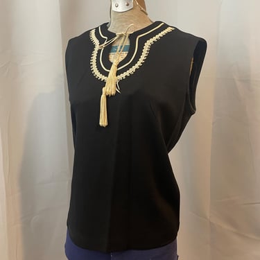 Boho Top Blouse 1960s Mod Vintage Black with tassels fringe Keyhole M 