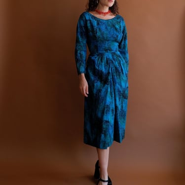 Vintage 50s Turquoise Abstract Quarter Sleeve Dress/ 1950s MCM Jewel Tone/ Size XS 24 