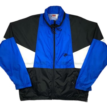Vintage 80s/90s Nike Embroidered Swoosh Logo Royal Blue & Black Color Blocked Full Zip Windbreaker Jacket Coat Size Large 