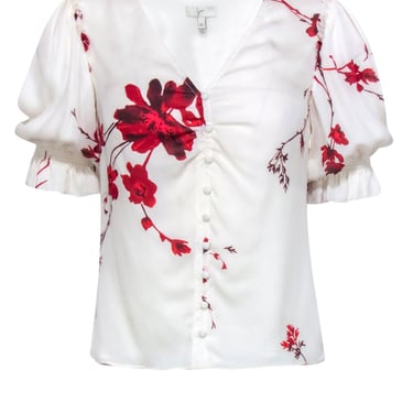 Joie - White & Red Floral Printed Button-Front Silk Blouse Sz XS