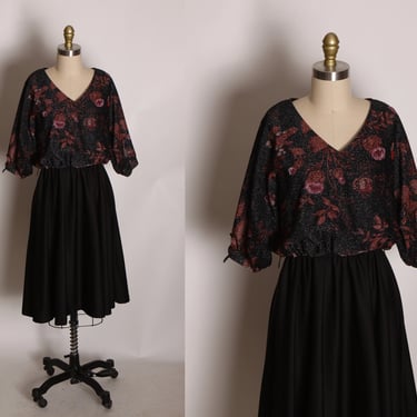 1970s Black, Copper and Red Lurex Half Sleeve Floral Dress by Lady Carol -L 