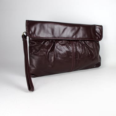 Maroon Genuine Leather Fold Over Flap Purse 1980s Wristlet Clutch Vintage Burgundy Leather Handbag Red Wine Leather Clutch Bag 12 x 8 