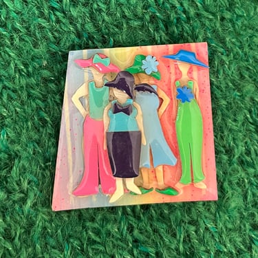 Eighties Ladies, Paper Art Pin, Paper Mache Brooch, 3-D Design, Vintage, Artisan Hand Painted 