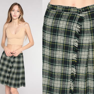 Plaid Mini Skirt 90s Wool Skirt Retro Grunge Wrap Miniskirt High Waist School Girl Preppy Checkered Navy Green White Vintage 1990s Small S 