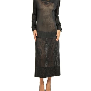1920S Black Sheer Silk Jersey Dress With Floral Embroidery 