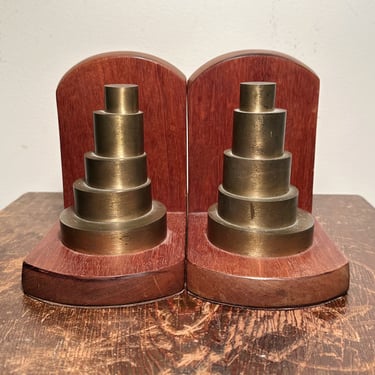 Machine Age Industrial Bookends with Heavy Stacked Brass Weights - Art Deco Modernist Sculptures - 1920s Architectural Scientific Design 