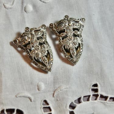 Antique Sterling Silver & Crystals Dress Clip Set Art Deco Fur or Sash Clips Rare Sterling And Crystals Bride Gift Wedding Dress Clips Best 