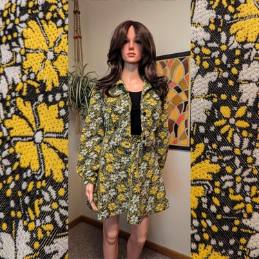 Handmade 1970s Inspired Black & Yellow Flower Power Cropped Jacket w/ Dagger Collar and Mini Skirt Suit Set / 60s 70s Floral Vintage Fabric 