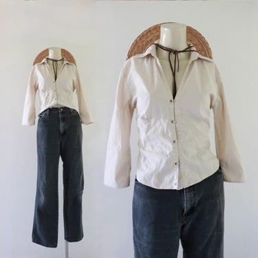 hook front crop top - m - vintage 90s y2k minimal beige brown size medium minimal fall shirt blouse 