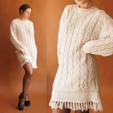 Vintage Yohji Yamamoto Cableknit Fringe Dress/ Oversized Fringed Cotton Dress 