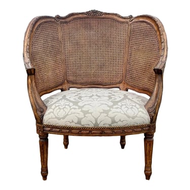 Carved Louis XV Style Caned Barrel Back Oversized Wing Chair 