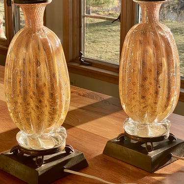 Pair Barovier & Toso Venetian Apricot Twist Glass Lamps 