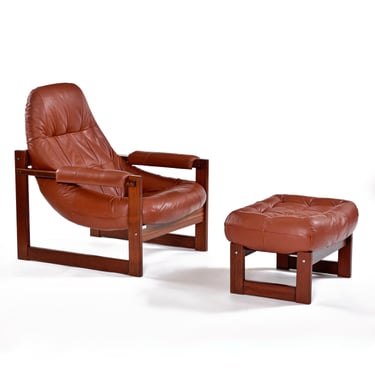 Percival Lafer Earth Leather and Rosewood Brazilian Modern Scoop Chair with Ottoman 