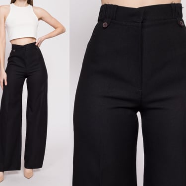 70s Black High Waisted Wide Leg Pants - Small, 26" | Vintage Minimalist Flared Polyester Trousers 