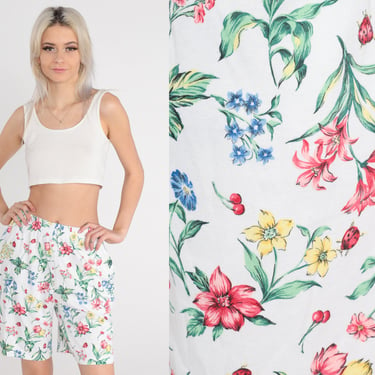 White Floral Shorts 80s 90s High Waisted Shorts Retro Flower Print Mom Shorts Relaxed Mid Length Red Green Yellow Vintage 1980s Small S 