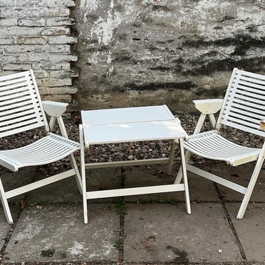 Pair of Vintage Rex 120 Niko Kralj Folding Armchairs Garden Patio Wooden Foldable Lounge Chairs Modernist Terrace Patio Garden Set Two 2 50s 