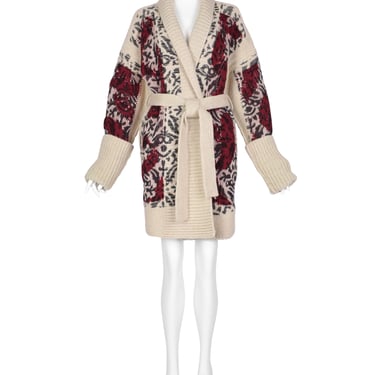 Jean Paul Gaultier Vintage Beige Burgundy and Grey Patterned Knit Oversized Belted Cardigan Sweater Coat