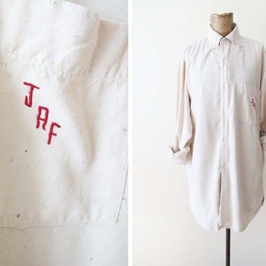 Vintage 60s Raw Silk Embroidered Monogram Button Up - JAF 1960s Off White Textured Washed Silk Button Up Baggy Top 