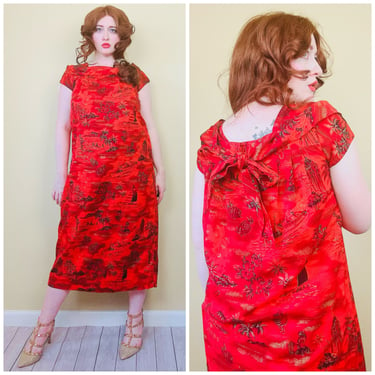 1960s Vintage Fashions of Hawaii Palm Tree Print Dress / 60s Red Cotton Tropical Bow Back Lounge Dress / Size Medium - XL 