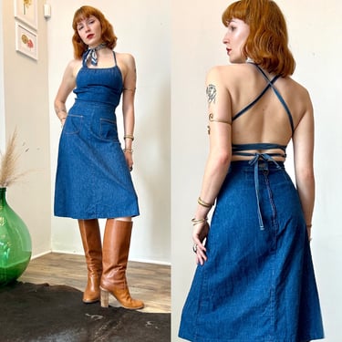Vintage 1970s Dress / 70s Denim Dress With Criss Cross Back / Blue ( XS S ) 