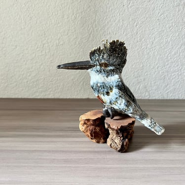 Vintage Mid Century Modern Pottery, Kingfisher Sculpture, Vintage Stoneware Bird Sculpture on wood Base, King fisher sculpture 