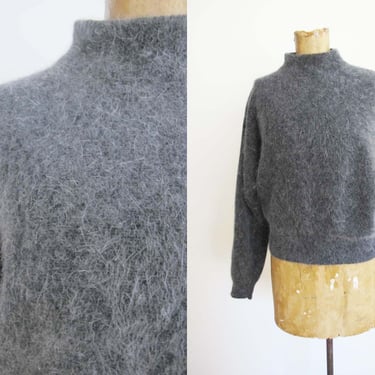 Vintage 90s Angora Mock Neck Sweater S M - 1990s Minimalist Gray Soft Fuzzy Knit Sweater - Tall Neck Cozy Winter Long Sleeve Top 