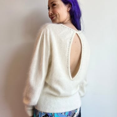 80’s Cream Angora Knit Poet Puff Sleeve Rhinestone Key Hole Open Back Sweater