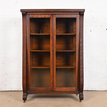 Antique American Empire Oak Glass Front Bookcase Cabinet, Circa 1900