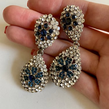 60s Blue Crystal & Silver Flower Drop Earrings