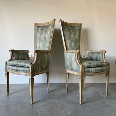 Vintage Hollywood Regency  Louis XVI - Style High Back Arm Chairs - A Pair 