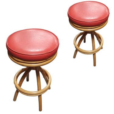 Restored Rattan Spiral Leg Strand Pair of Two Single Stand Red Bar Stools 